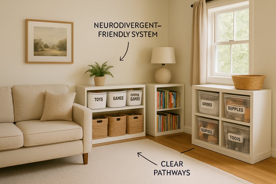A neatly organized home with labeled bins and clear pathways, reflecting neurodivergent-friendly systems. A neatly organized home with labeled bins and clear pathways, reflecting neurodivergent-friendly systems.
